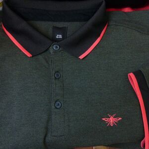 River Island Polo Shirt Mens M Slim Dark Green With Wasp Embroidery Preppy Golf